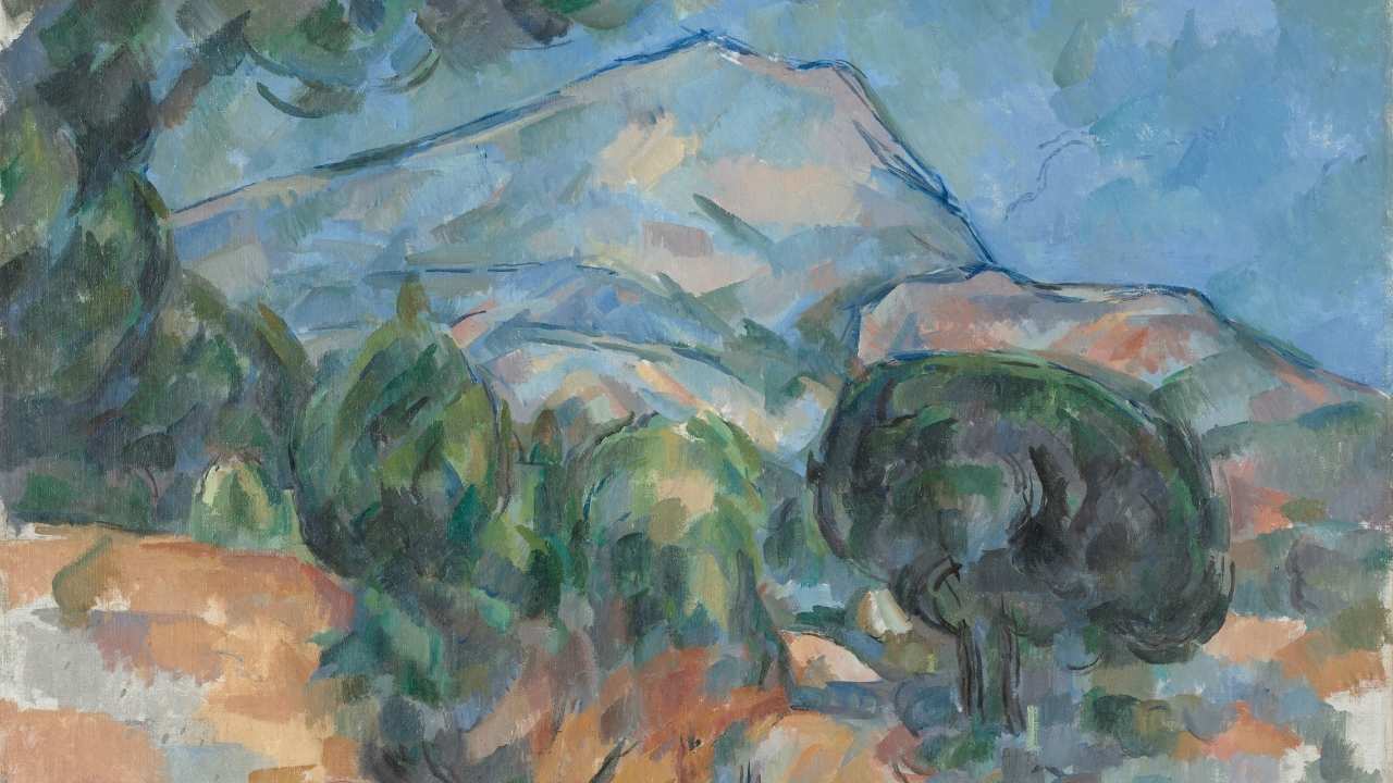 a painting of a mountain and trees